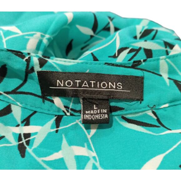 Teal Notations Blouse with Leaf Pattern Size Large - Picture 3 of 4